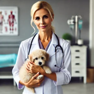 DALL·E 2024 10 10 02.02.08 A 40 year old blonde American woman dressed in a veterinarians uniform standing in a veterinary clinic. She has a professional and caring expressio 1
